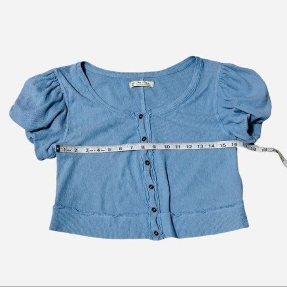 Free People We The Free Molly Ribbed Crop Top Blue Size S Puff Sleeve - Picture 9 of 10